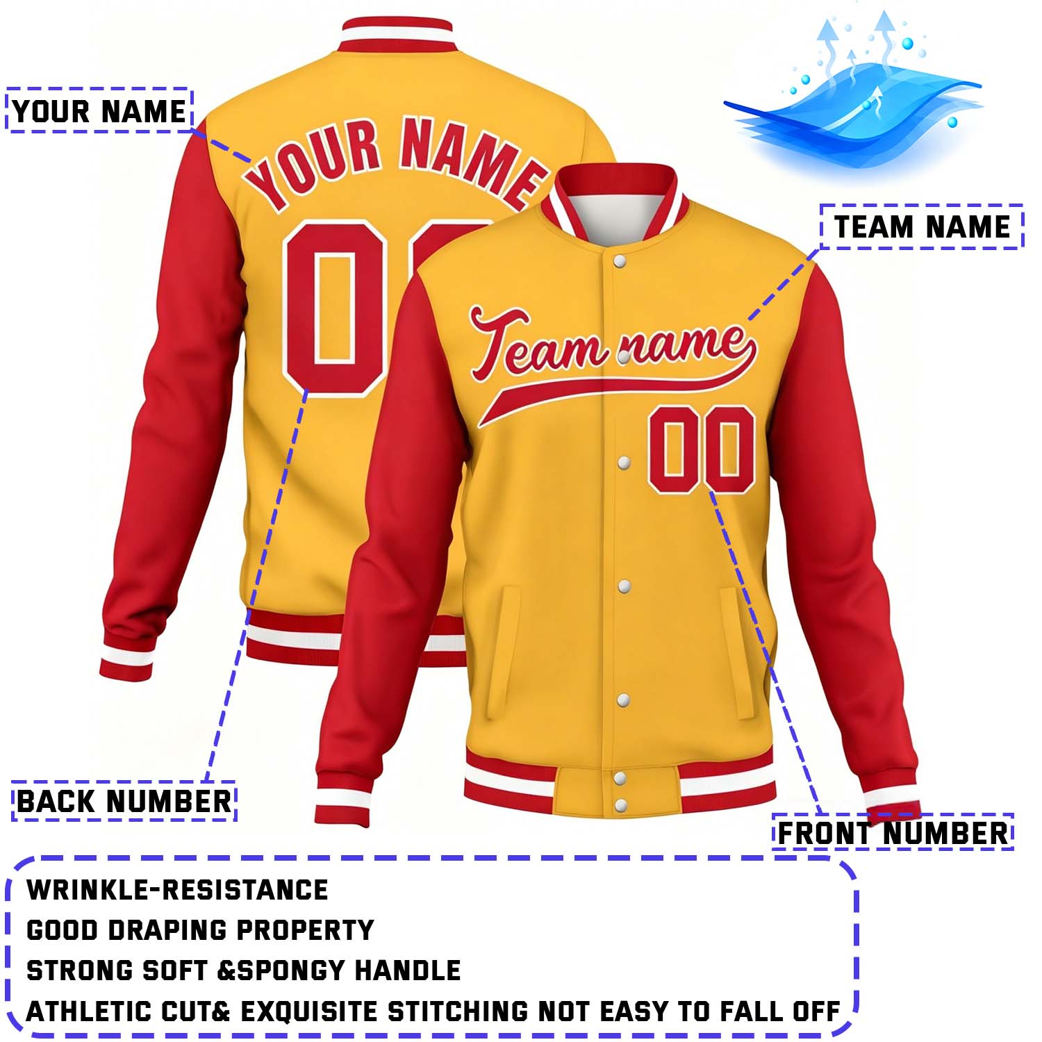 Custom Gold & Red Contrast Sleeve Varsity Baseball Jacket | Personalized Team Name & Number