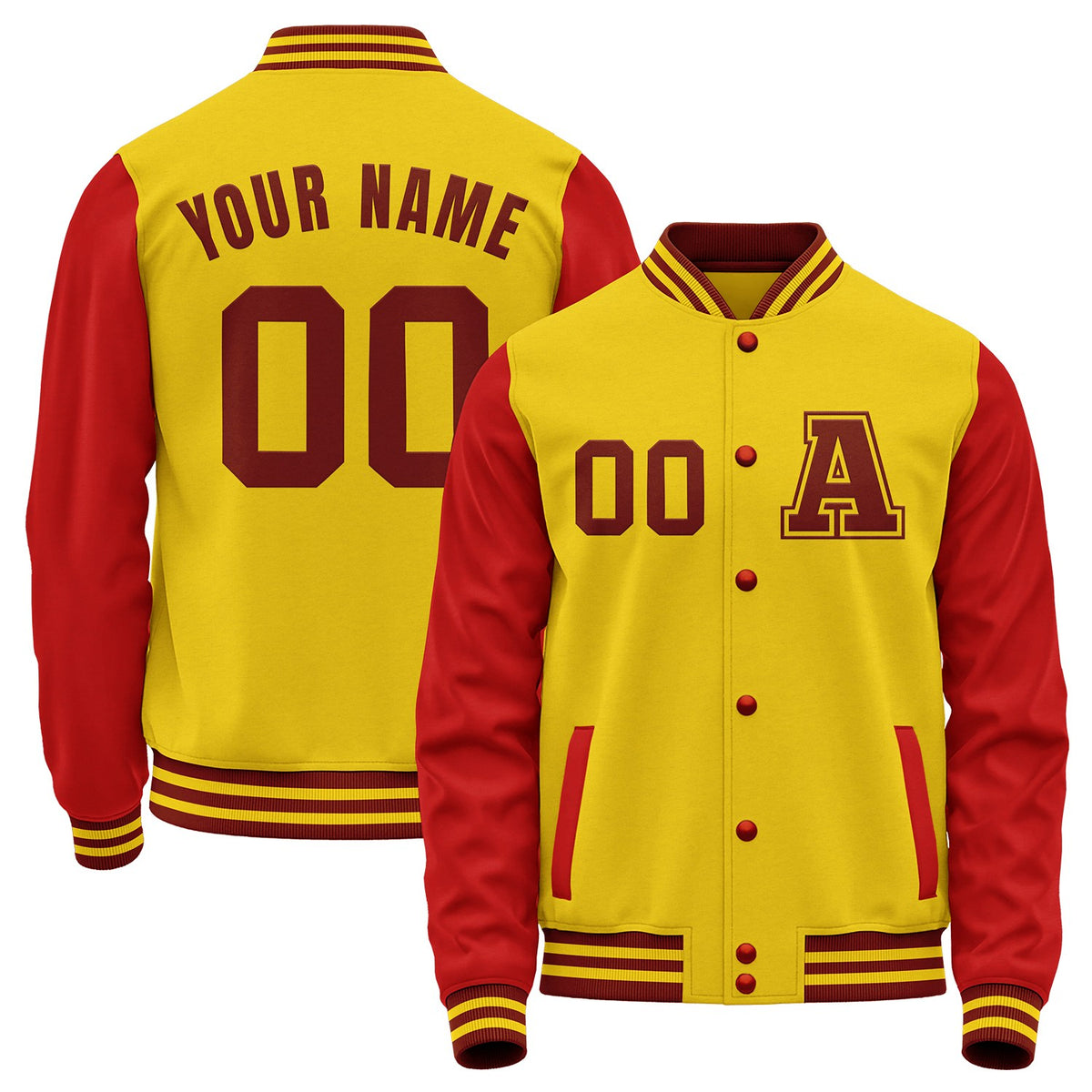 Custom gold and red letterman baseball jacket by Vosoli with stitched name, number and logo. Classic varsity jacket for baseball and casual wear.