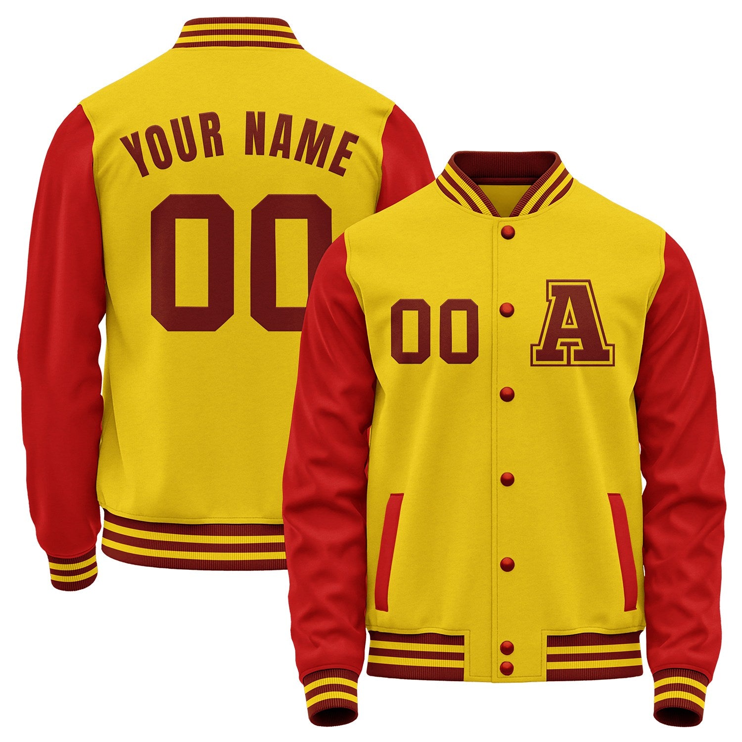 Custom gold and red letterman baseball jacket by Vosoli with stitched name, number and logo. Classic varsity jacket for baseball and casual wear.