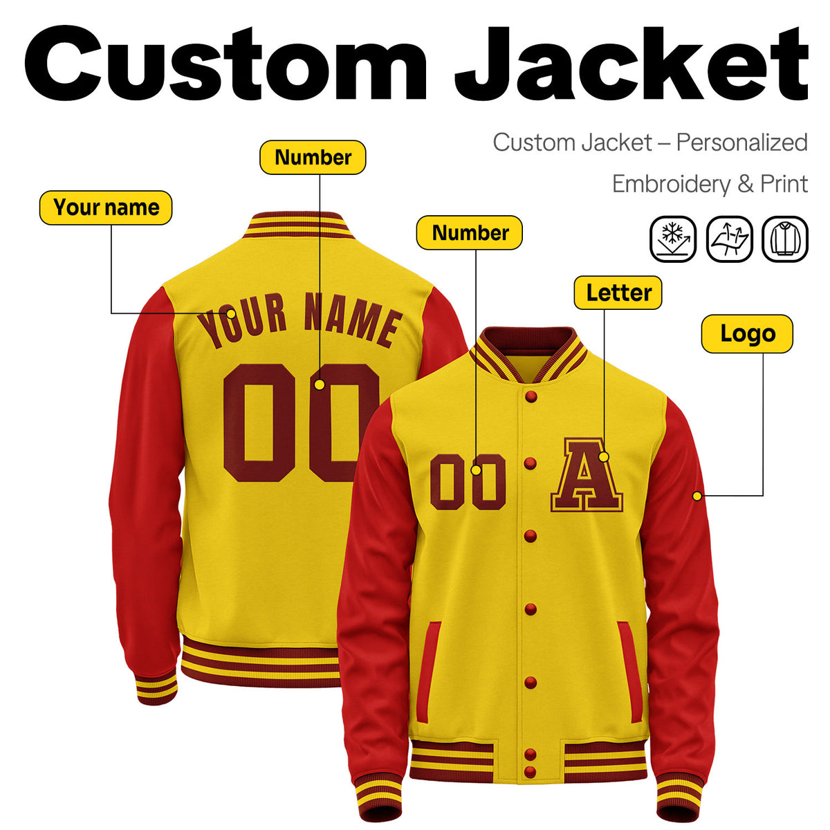 Custom Varsity Jacket with Stitched Name & Number | Gold & Red Personalized Team Letterman Bomber