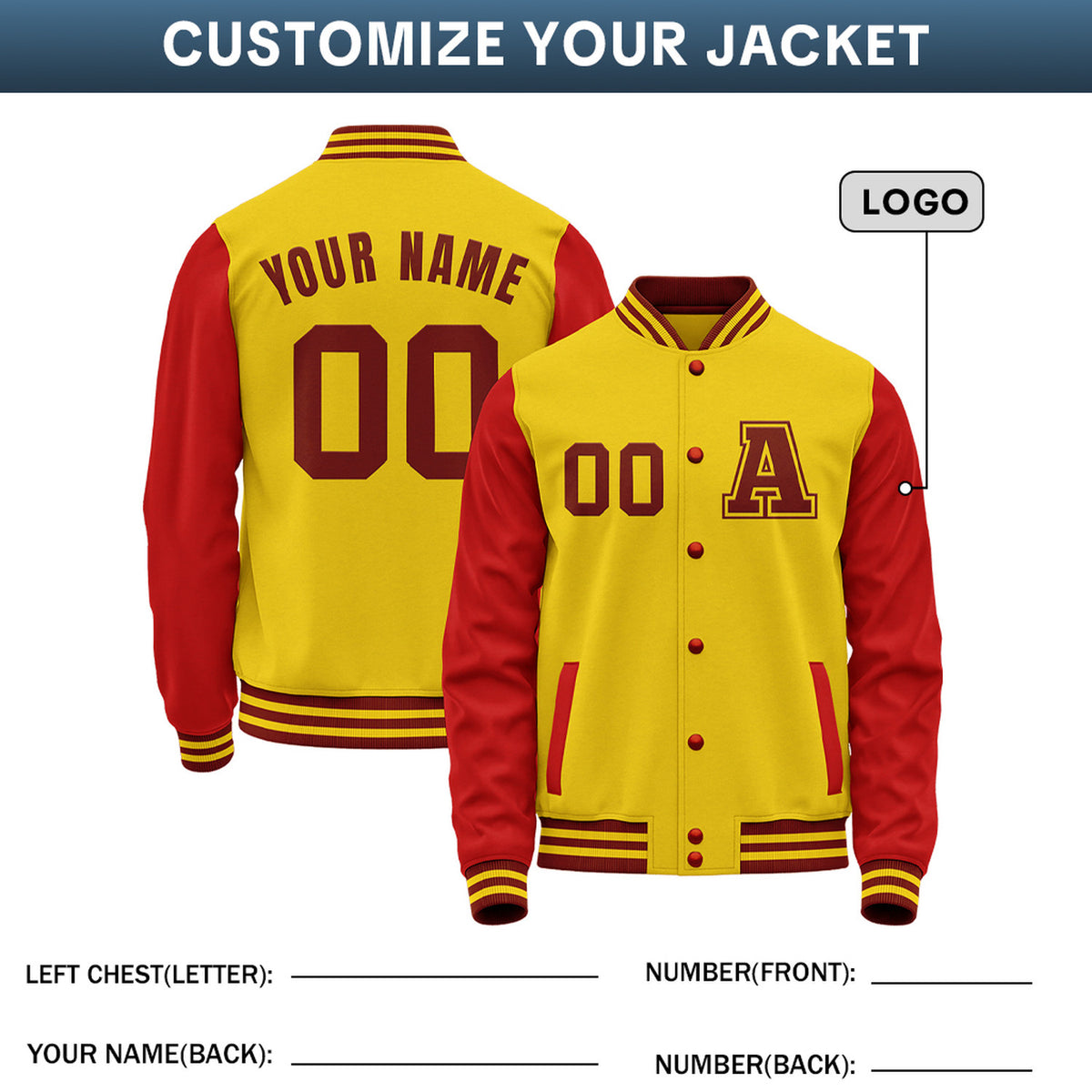 Custom Varsity Jacket with Stitched Name & Number | Gold & Red Personalized Team Letterman Bomber