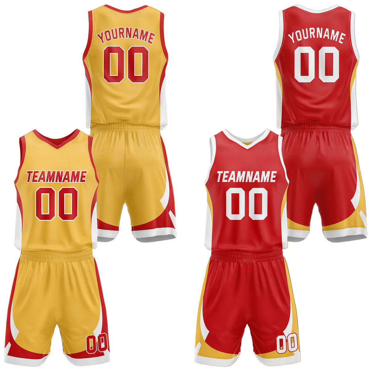 Custom gold &amp; red reversible basketball jersey set with shorts by Vosoli | Personalized team name, number &amp; logo | Breathable mesh sport jersey uniform