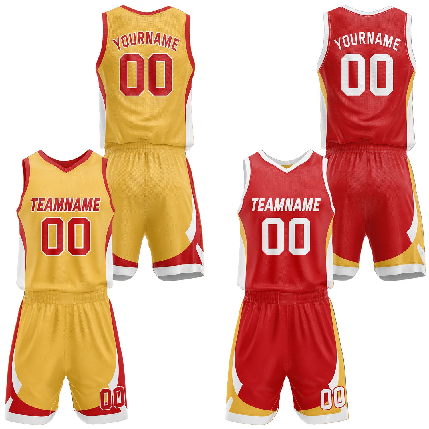 Custom gold & red reversible basketball jersey set with shorts by Vosoli | Personalized team name, number & logo | Breathable mesh sport jersey uniform