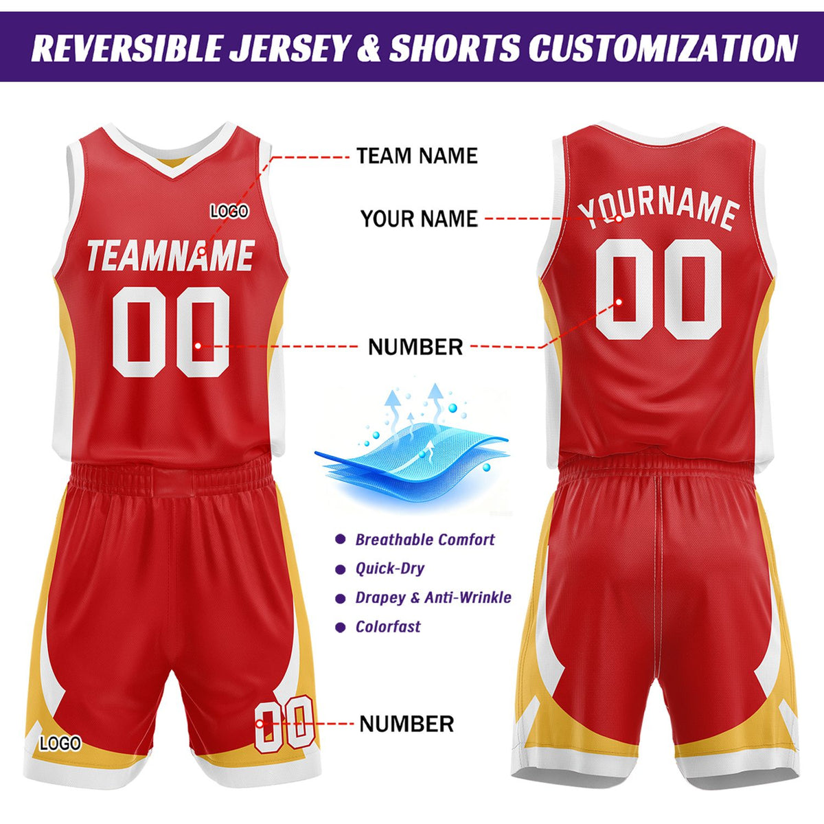 Custom Gold Red Reversible Basketball Jersey Set | Personalized Name Number Mesh Sports Uniform