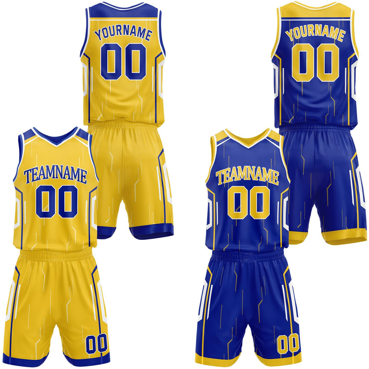 Custom gold &amp; royal blue reversible basketball jersey shorts set by Vosoli | Personalized block team name number circuit geometric uniform sportswear