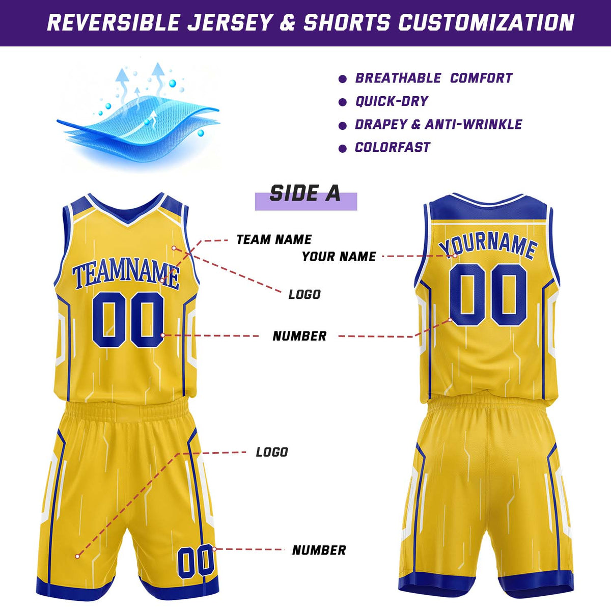 Custom Gold & Royal Blue Reversible Circuit Geometric Basketball Jersey Shorts Set | Personalized Team Uniform