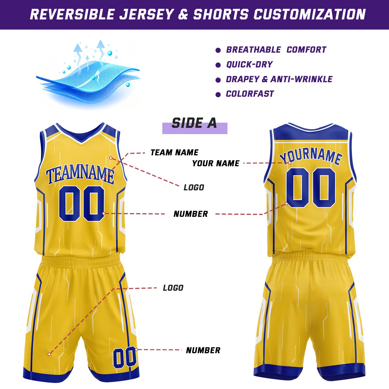 Custom Gold & Royal Blue Reversible Circuit Geometric Basketball Jersey Shorts Set | Personalized Team Uniform