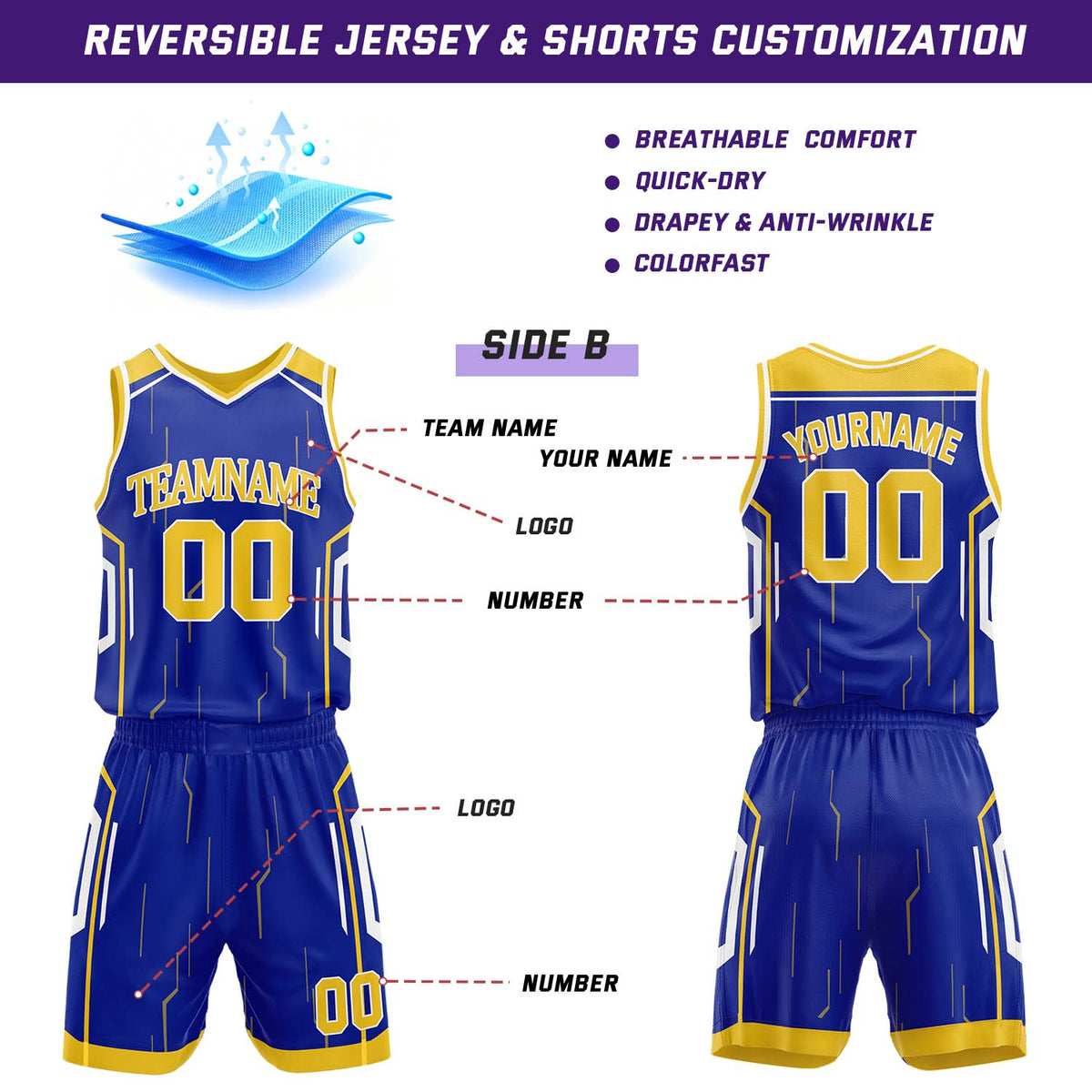Custom Gold & Royal Blue Reversible Circuit Geometric Basketball Jersey Shorts Set | Personalized Team Uniform