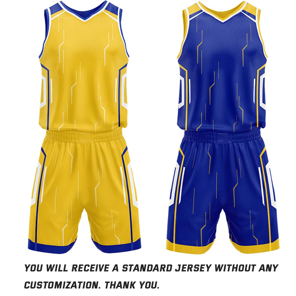 Custom Gold & Royal Blue Reversible Circuit Geometric Basketball Jersey Shorts Set | Personalized Team Uniform