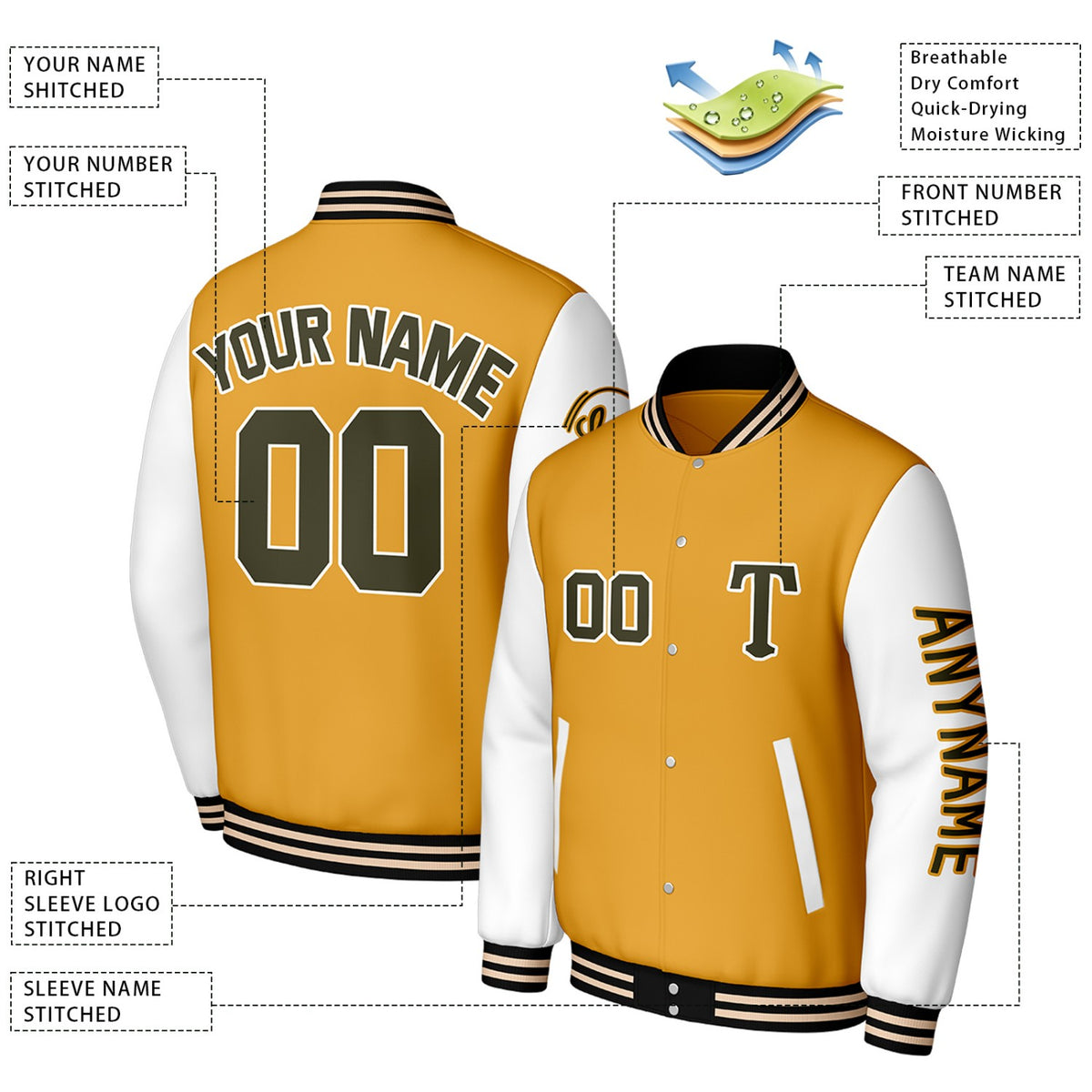 Custom Gold & White Varsity Baseball Jacket | Personalized Letterman Baseball Bomber for Adult & Youth