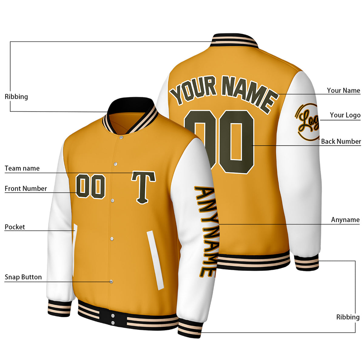 Custom Gold & White Varsity Baseball Jacket | Personalized Letterman Baseball Bomber for Adult & Youth