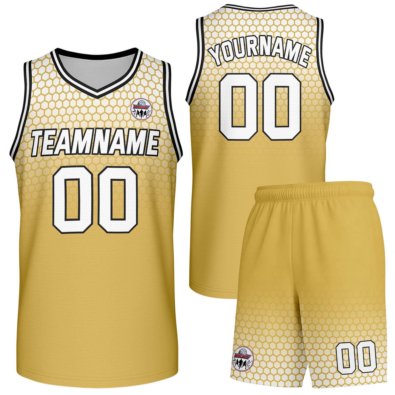 Custom golden honeycomb-pattern basketball uniform set, personalized team name number logo breathable mesh jersey and shorts men women youth game practice - Vosoli
