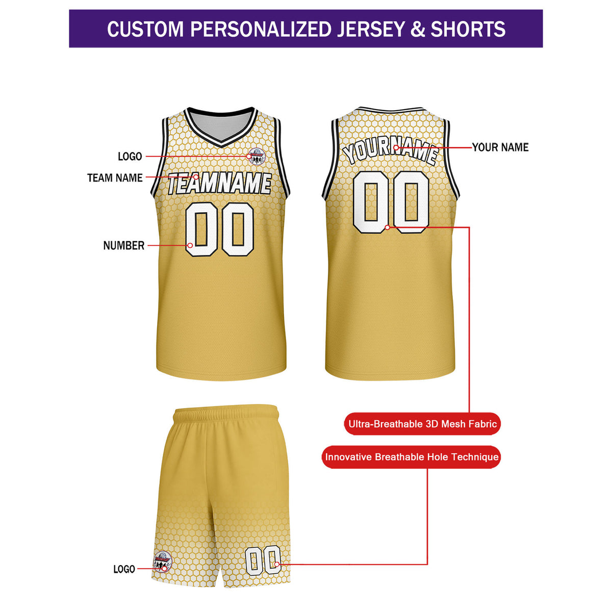 Custom Gold, White & Black Honeycomb Basketball Uniform Set | Personalized Team Name & Number - Vosoli