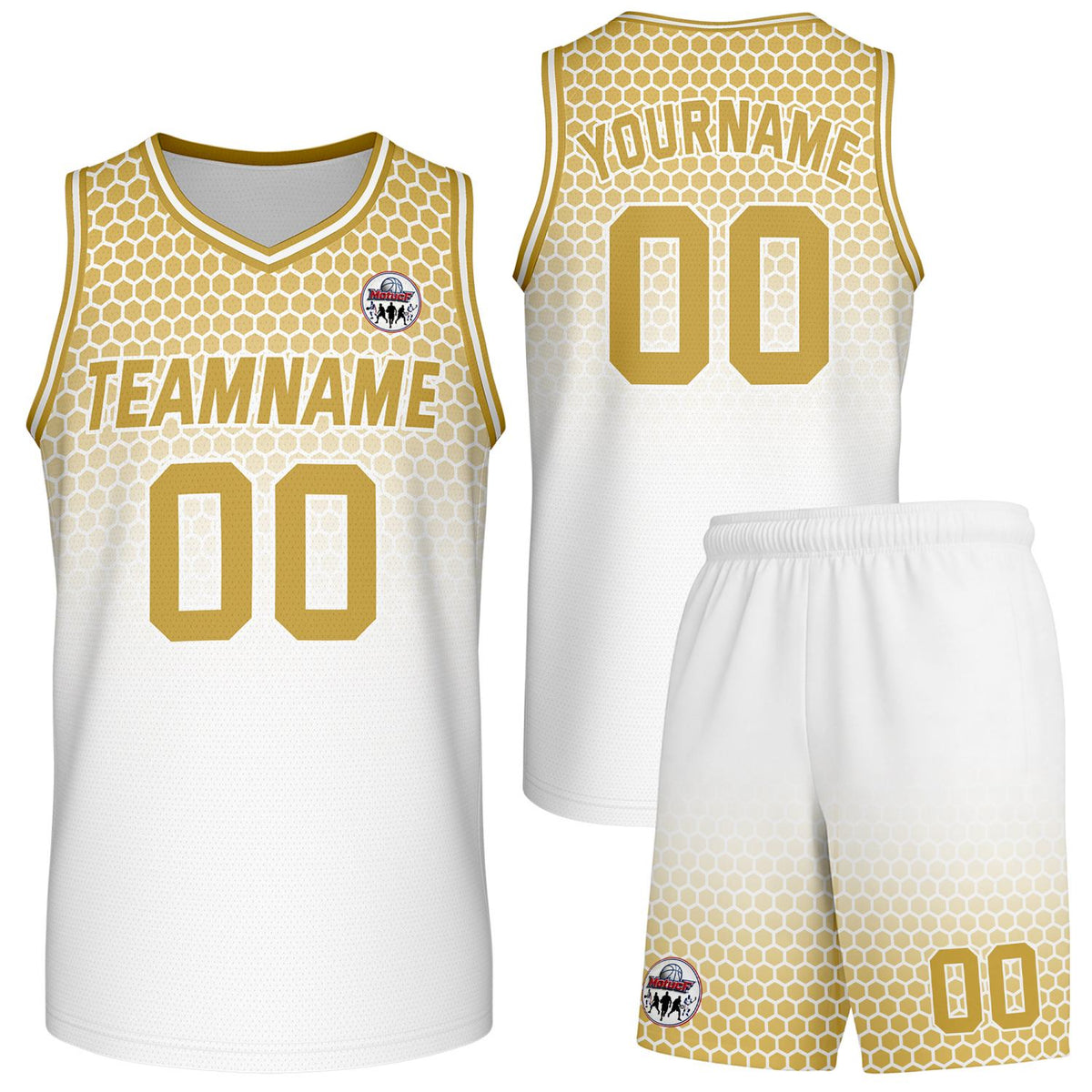 Custom white &amp; gold honeycomb-pattern basketball uniform set, personalized team name number logo breathable mesh jersey and shorts men women youth game practice - Vosoli