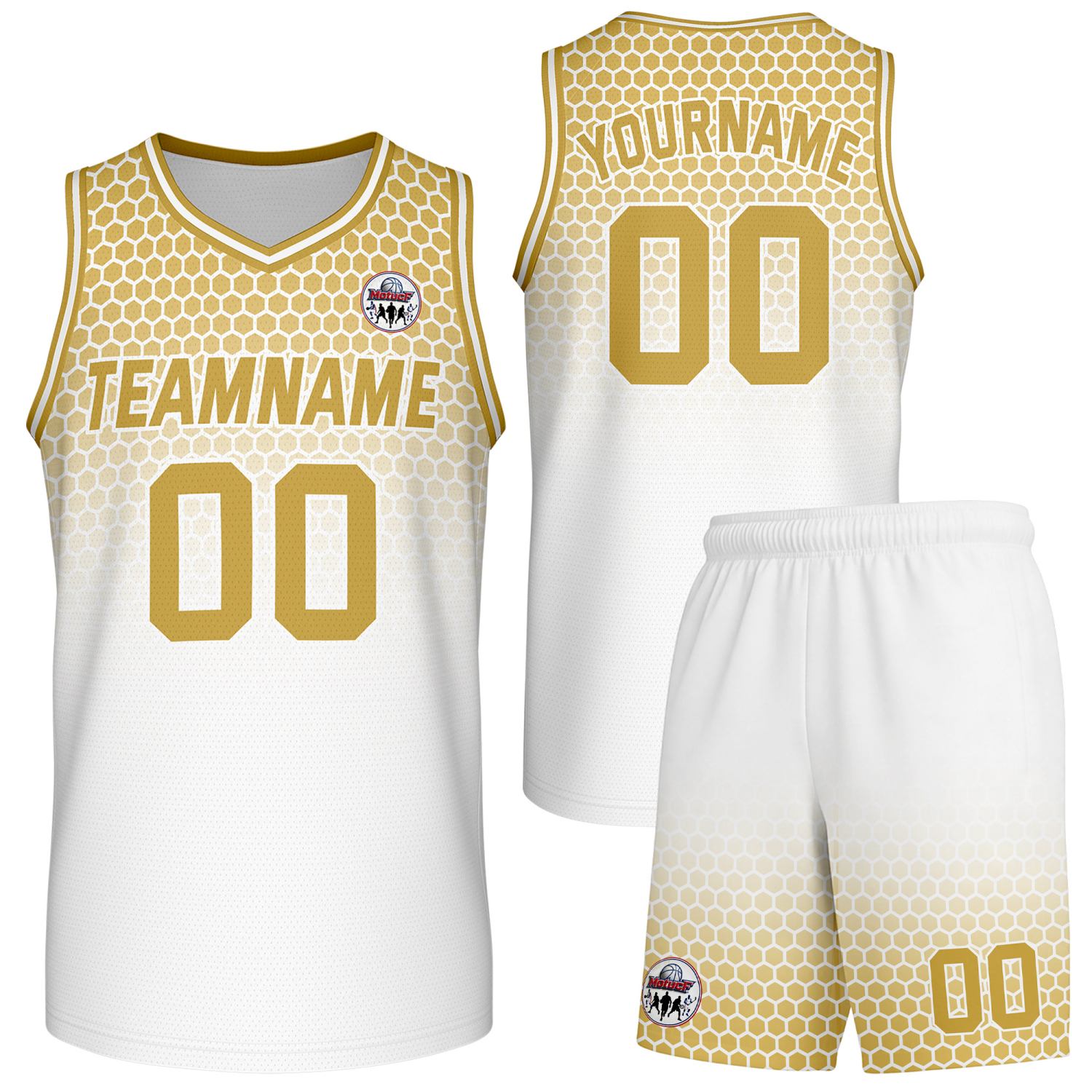Custom white & gold honeycomb-pattern basketball uniform set, personalized team name number logo breathable mesh jersey and shorts men women youth game practice - Vosoli