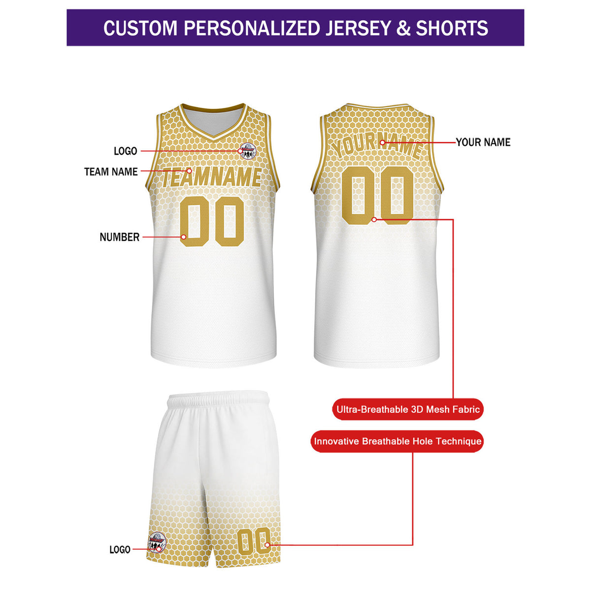 Custom Gold & White Honeycomb Basketball Uniform Set | Personalized Team Name & Number - Vosoli