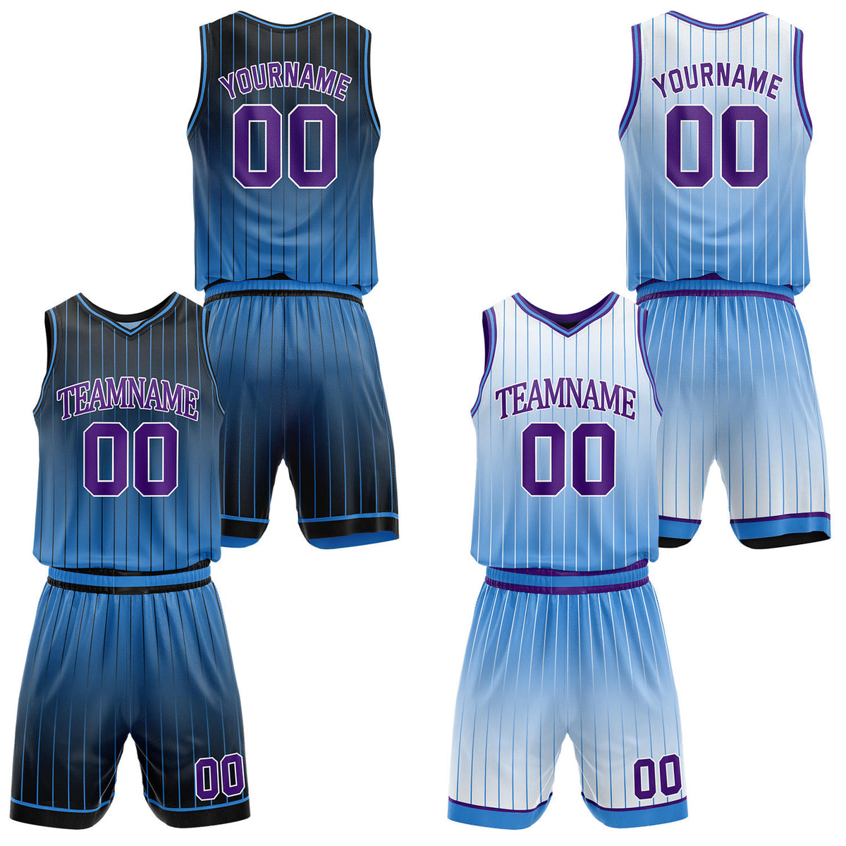 Custom gradient black &amp; light blue pinstripe reversible basketball jersey shorts set by Vosoli | Personalized team name number vintage uniform sportswear