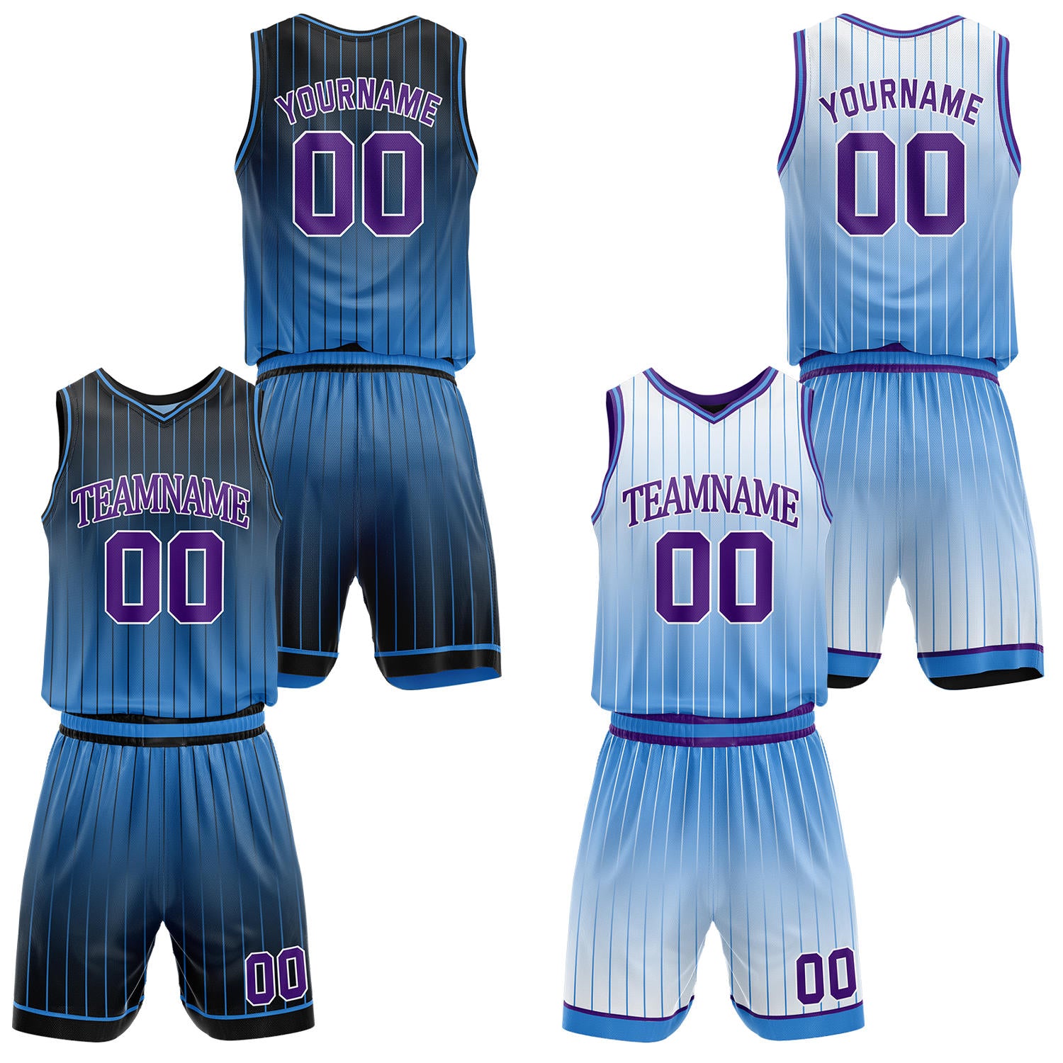 Custom gradient black & light blue pinstripe reversible basketball jersey shorts set by Vosoli | Personalized team name number vintage uniform sportswear