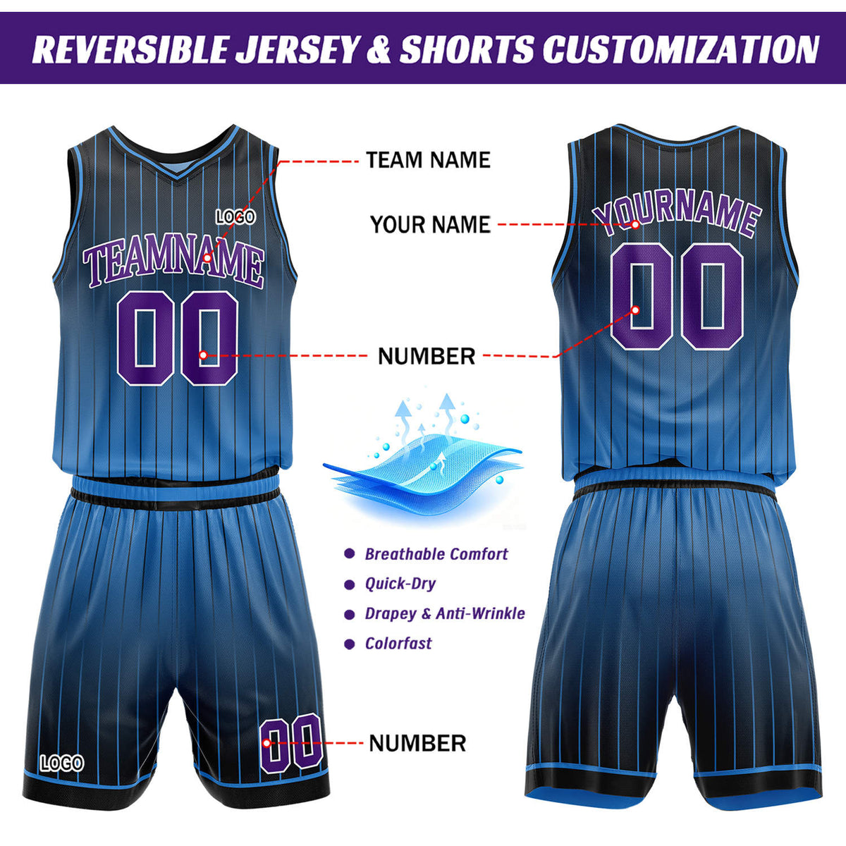 Custom Gradient Black & Light Blue Pinstripe Reversible Basketball Jersey Shorts Set | Personalized Team Uniform