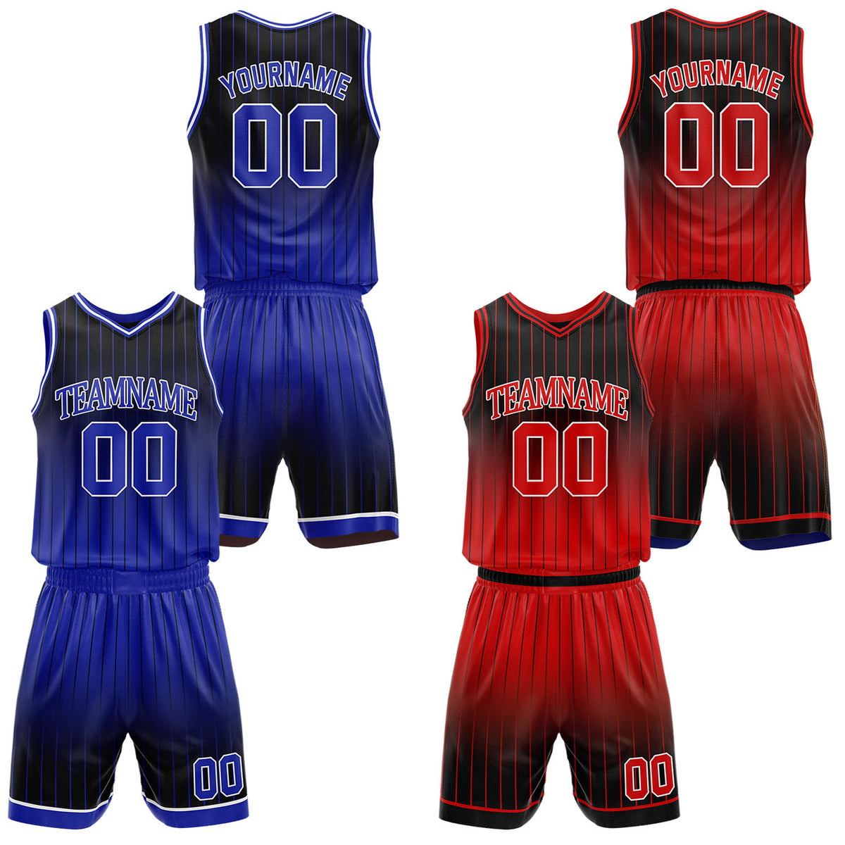 Custom gradient blue &amp; red pinstripe reversible basketball jersey shorts set by Vosoli | Personalized team name number vintage uniform sportswear