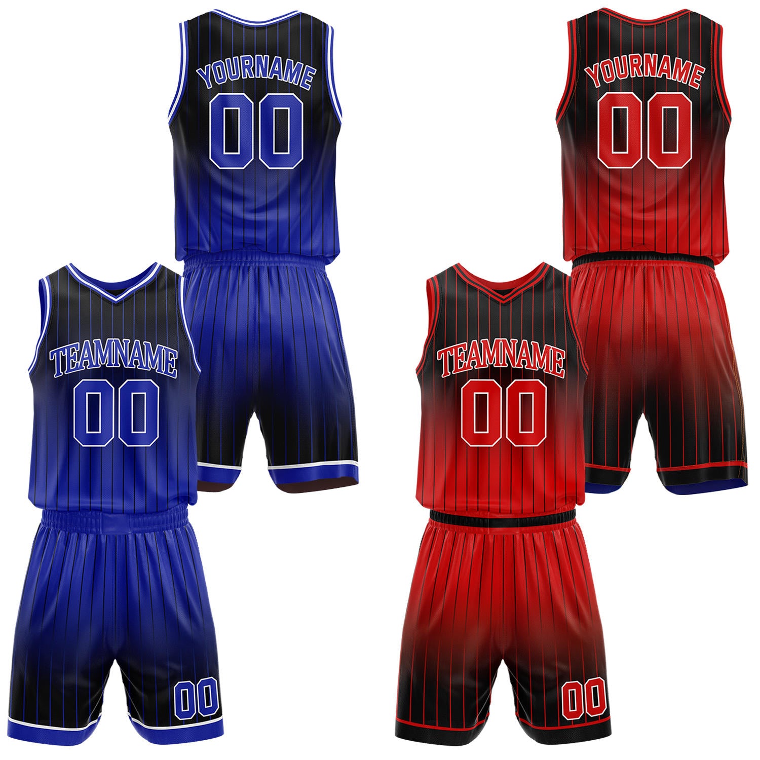 Custom gradient blue & red pinstripe reversible basketball jersey shorts set by Vosoli | Personalized team name number vintage uniform sportswear