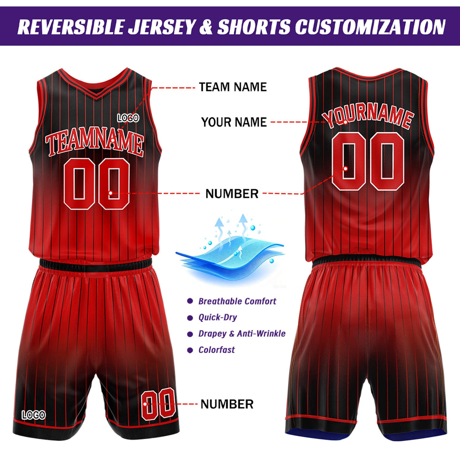 Custom Gradient Blue & Red Pinstripe Reversible Basketball Jersey Shorts Set | Personalized Team Uniform