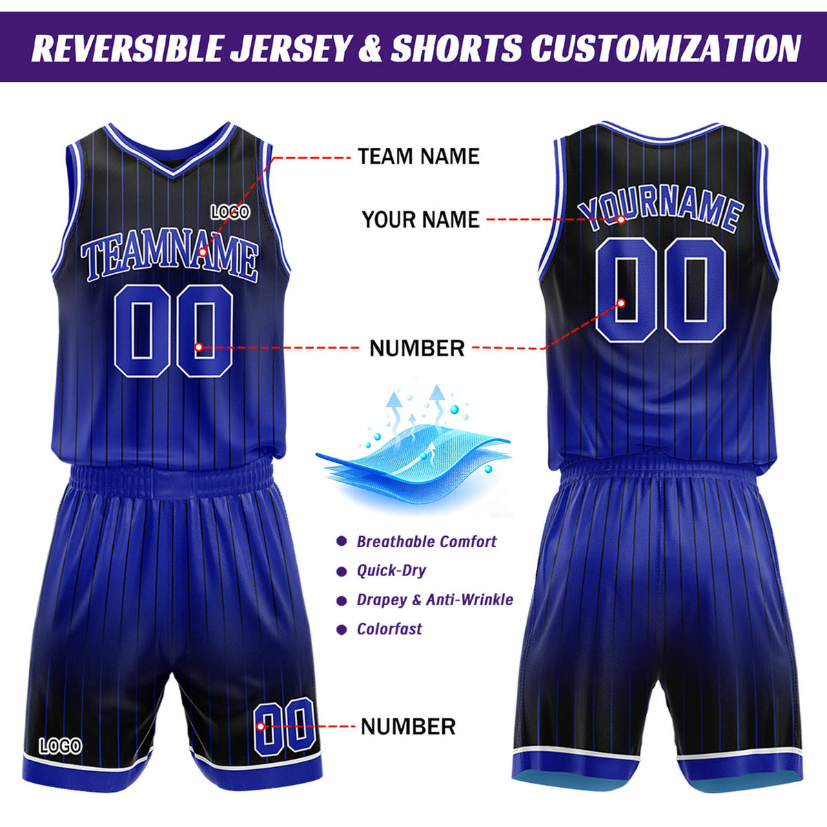 Custom Gradient Blue & Red Pinstripe Reversible Basketball Jersey Shorts Set | Personalized Team Uniform