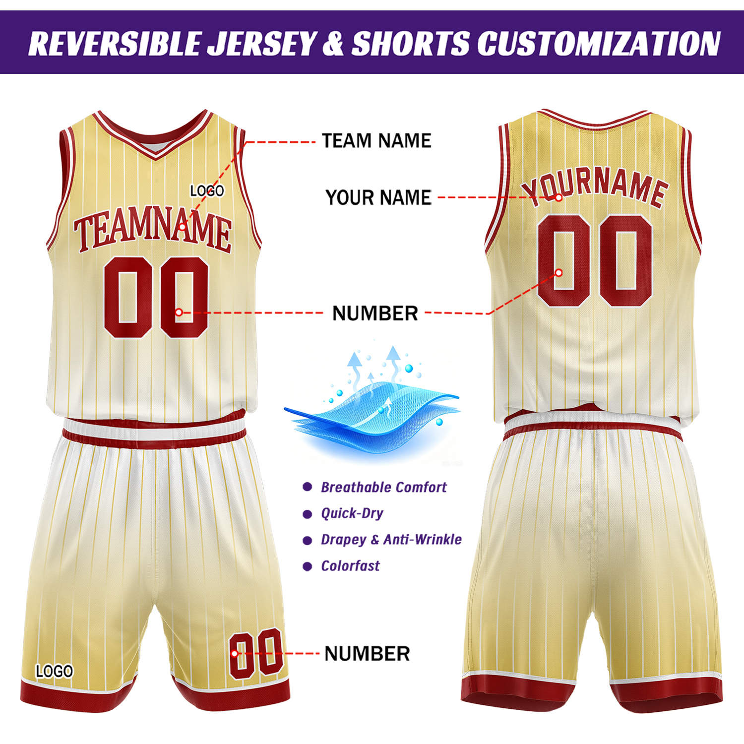 Custom Gradient Cream & Yellow Pinstripe Reversible Basketball Jersey Shorts Set | Personalized Team Uniform