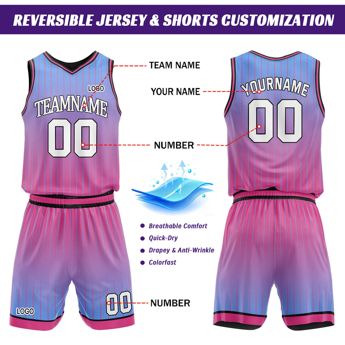Custom Gradient Cyan & Fuchsia Pinstripe Reversible Basketball Jersey Shorts Set | Personalized Team Uniform