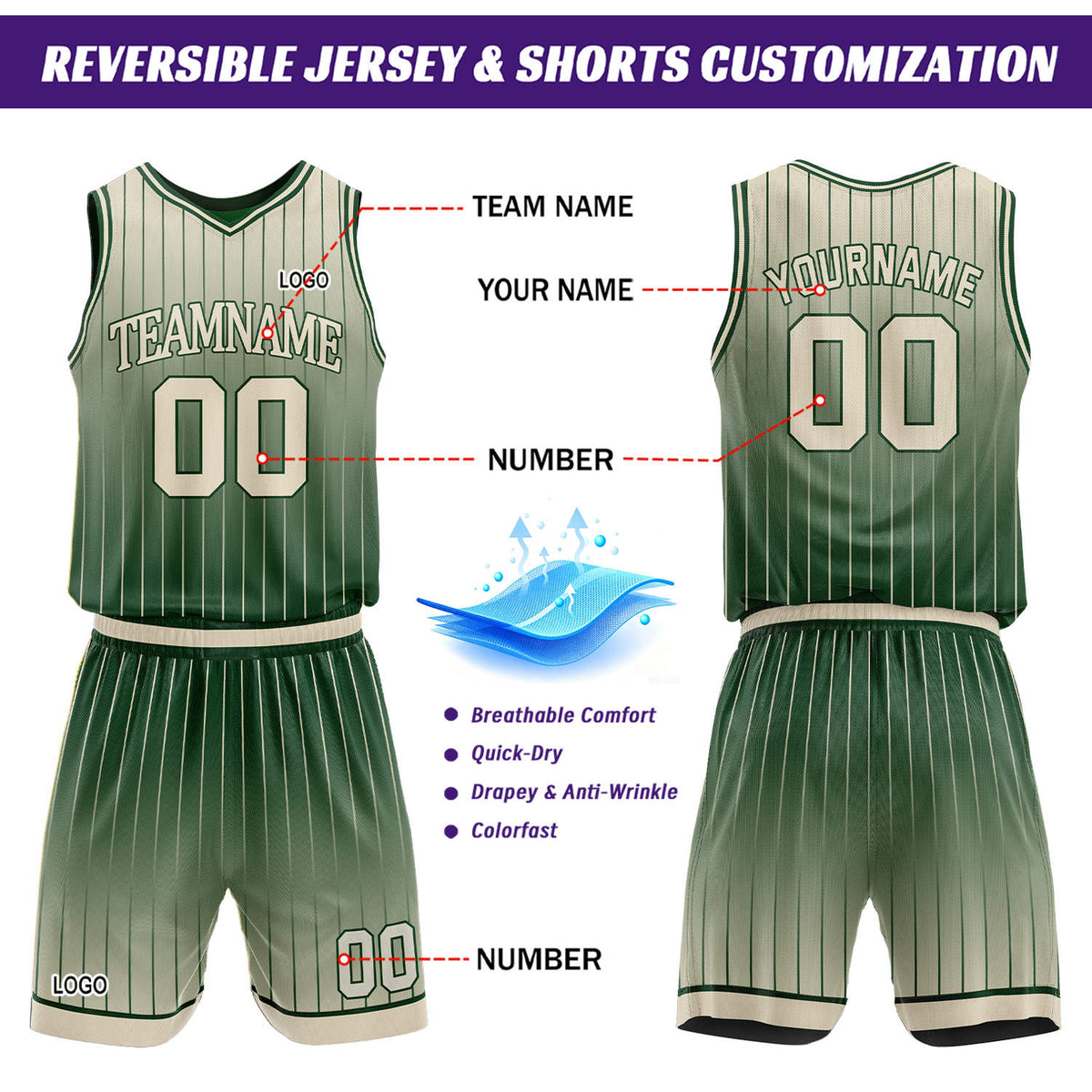 Custom Gradient Dark Green Pinstripe Reversible Basketball Jersey Shorts Set | Personalized Team Uniform