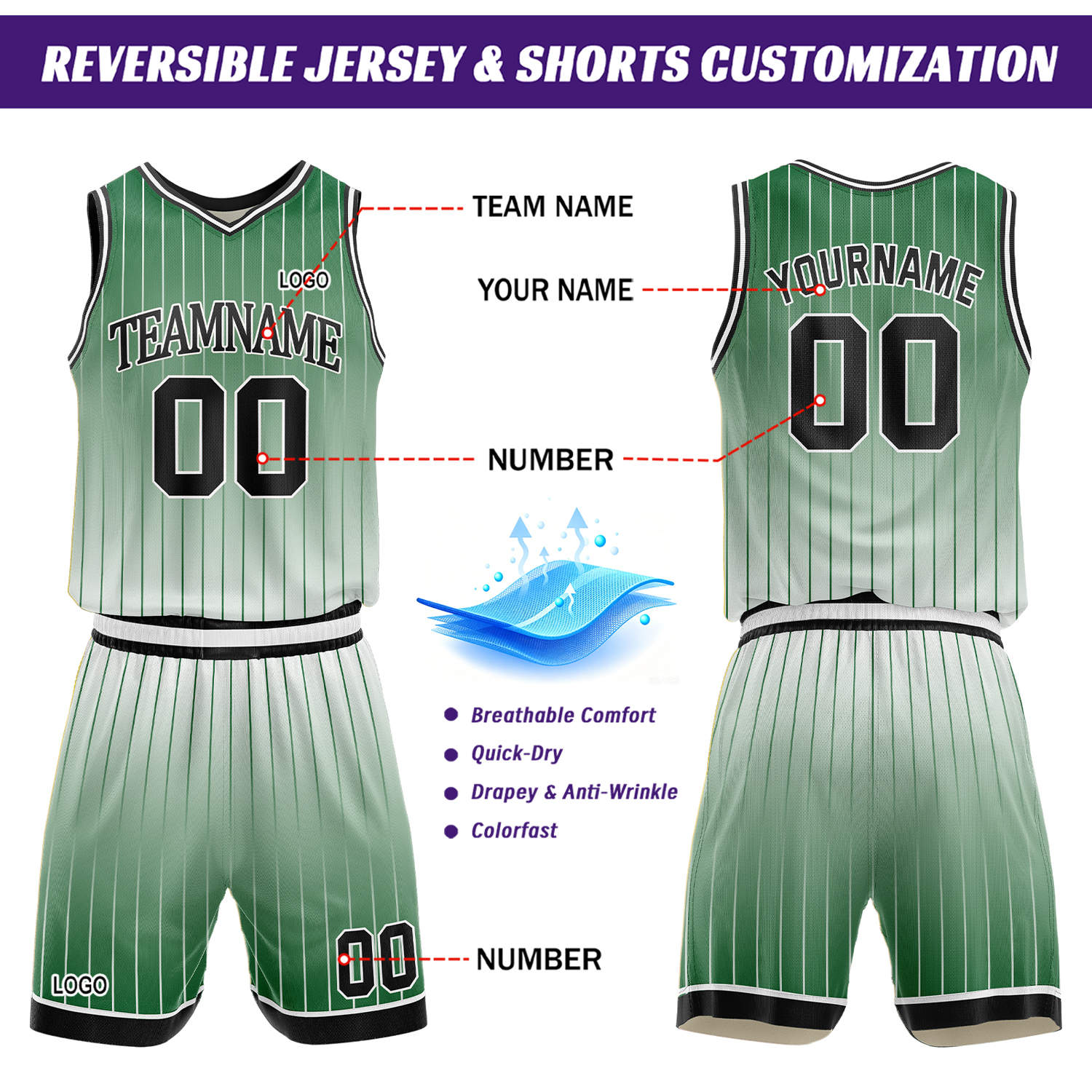 Custom Gradient Dark Green Pinstripe Reversible Basketball Jersey Shorts Set | Personalized Team Uniform