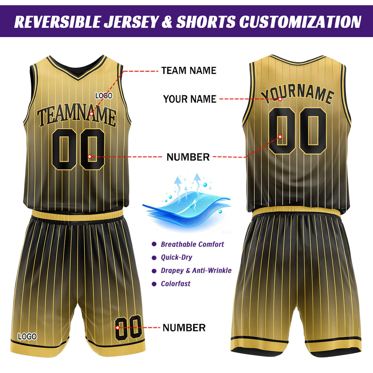 Custom Gradient Gold & Black Pinstripe Reversible Basketball Jersey Shorts Set | Personalized Team Uniform