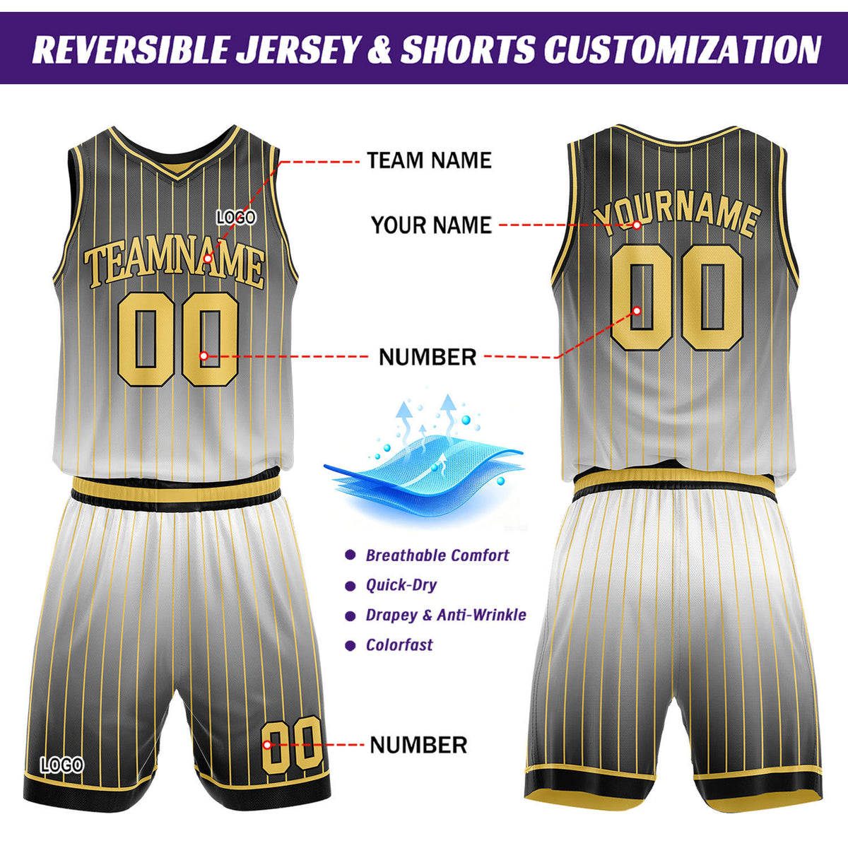 Custom Gradient Gold & Black Pinstripe Reversible Basketball Jersey Shorts Set | Personalized Team Uniform