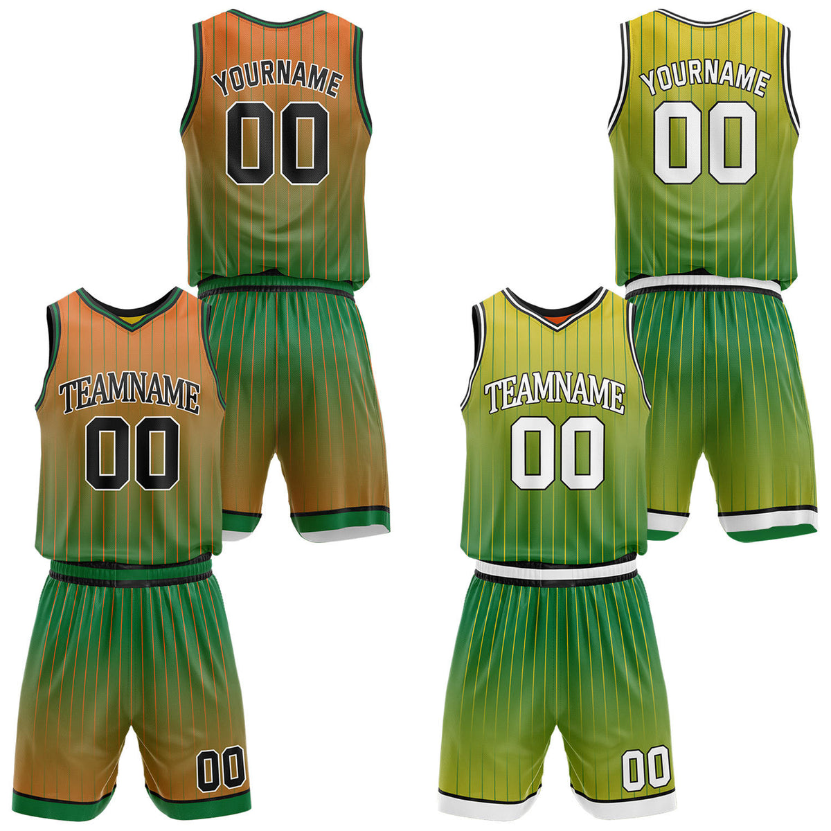 Custom gradient green &amp; orange pinstripe reversible basketball jersey shorts set by Vosoli | Personalized team name number vintage uniform sportswear