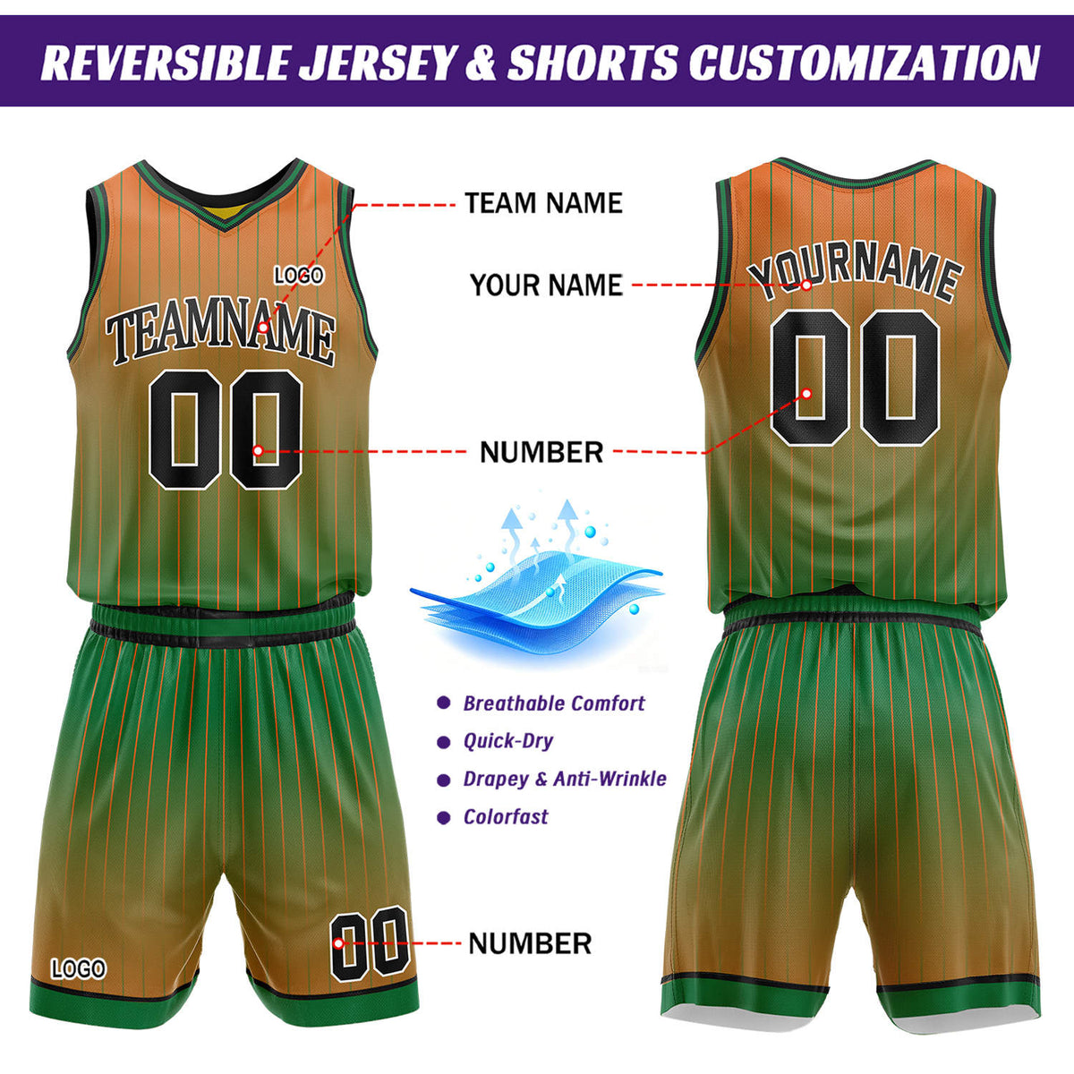 Custom Gradient Green & Orange Pinstripe Reversible Basketball Jersey Shorts Set | Personalized Team Uniform