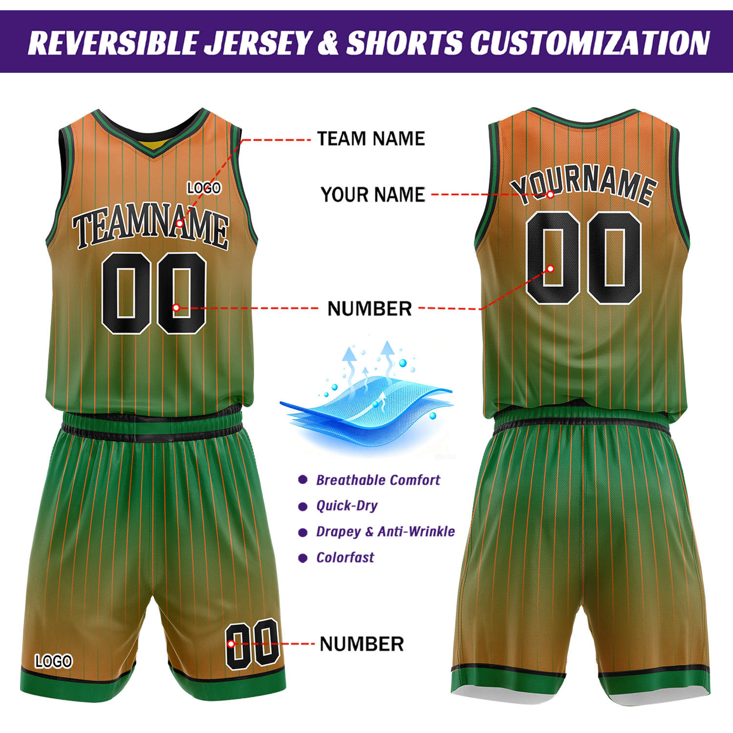 Custom Gradient Green & Orange Pinstripe Reversible Basketball Jersey Shorts Set | Personalized Team Uniform
