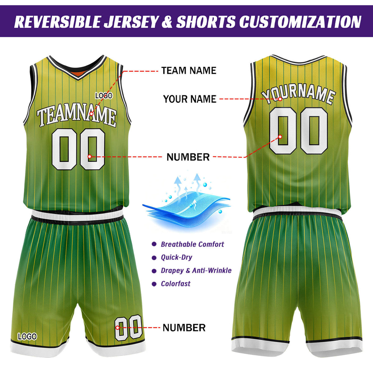 Custom Gradient Green & Orange Pinstripe Reversible Basketball Jersey Shorts Set | Personalized Team Uniform