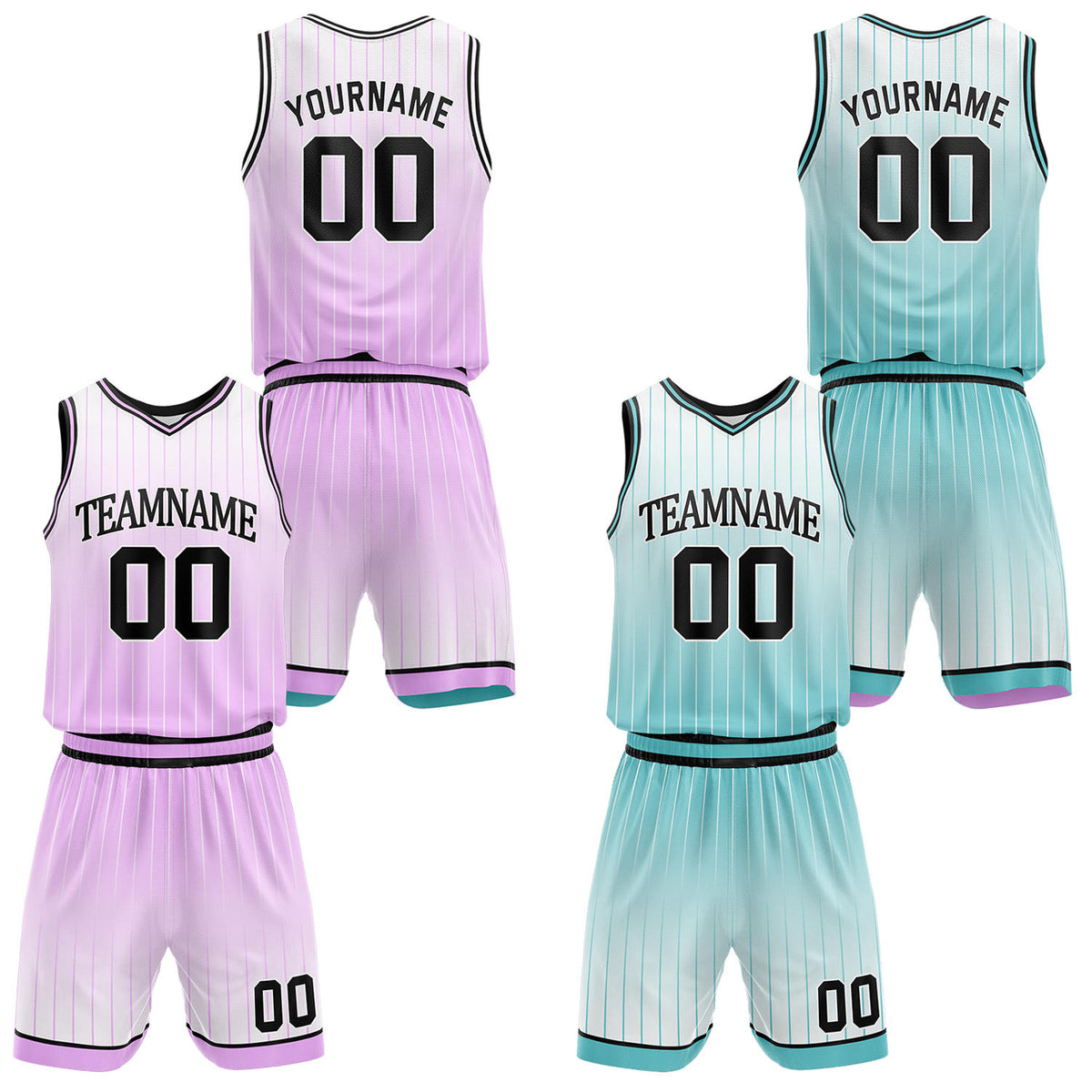 Custom gradient lavender &amp; mint pinstripe reversible basketball jersey shorts set by Vosoli | Personalized team name number vintage uniform sportswear