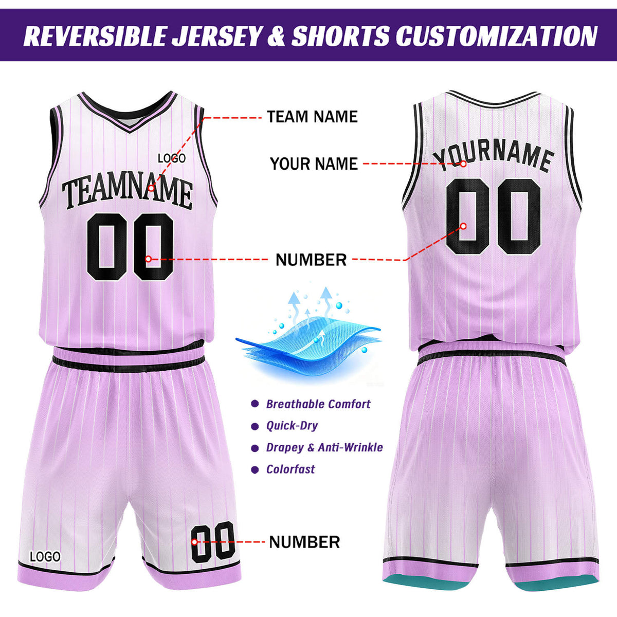 Custom Gradient Lavender & Mint Pinstripe Reversible Basketball Jersey Shorts Set | Personalized Team Uniform