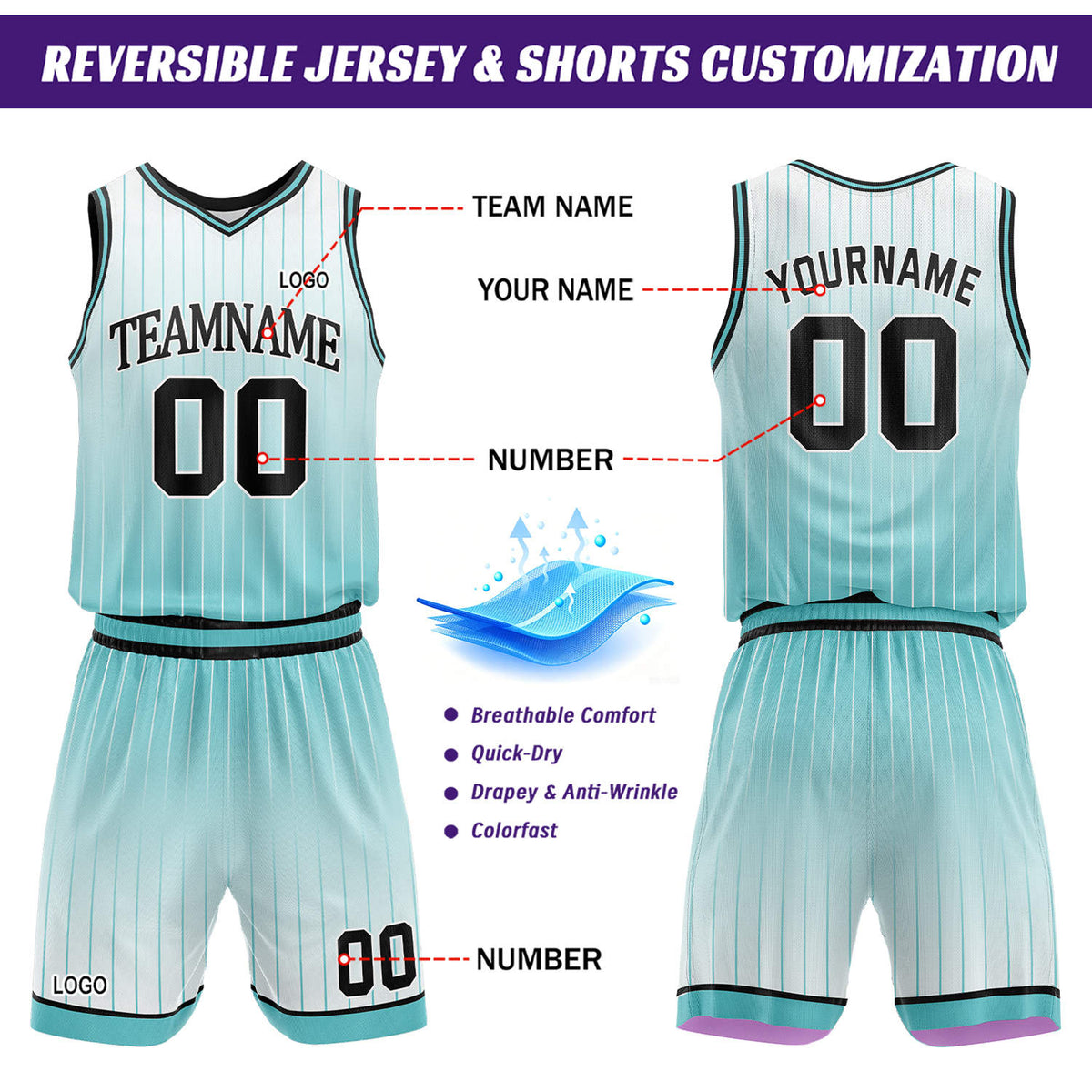 Custom Gradient Lavender & Mint Pinstripe Reversible Basketball Jersey Shorts Set | Personalized Team Uniform
