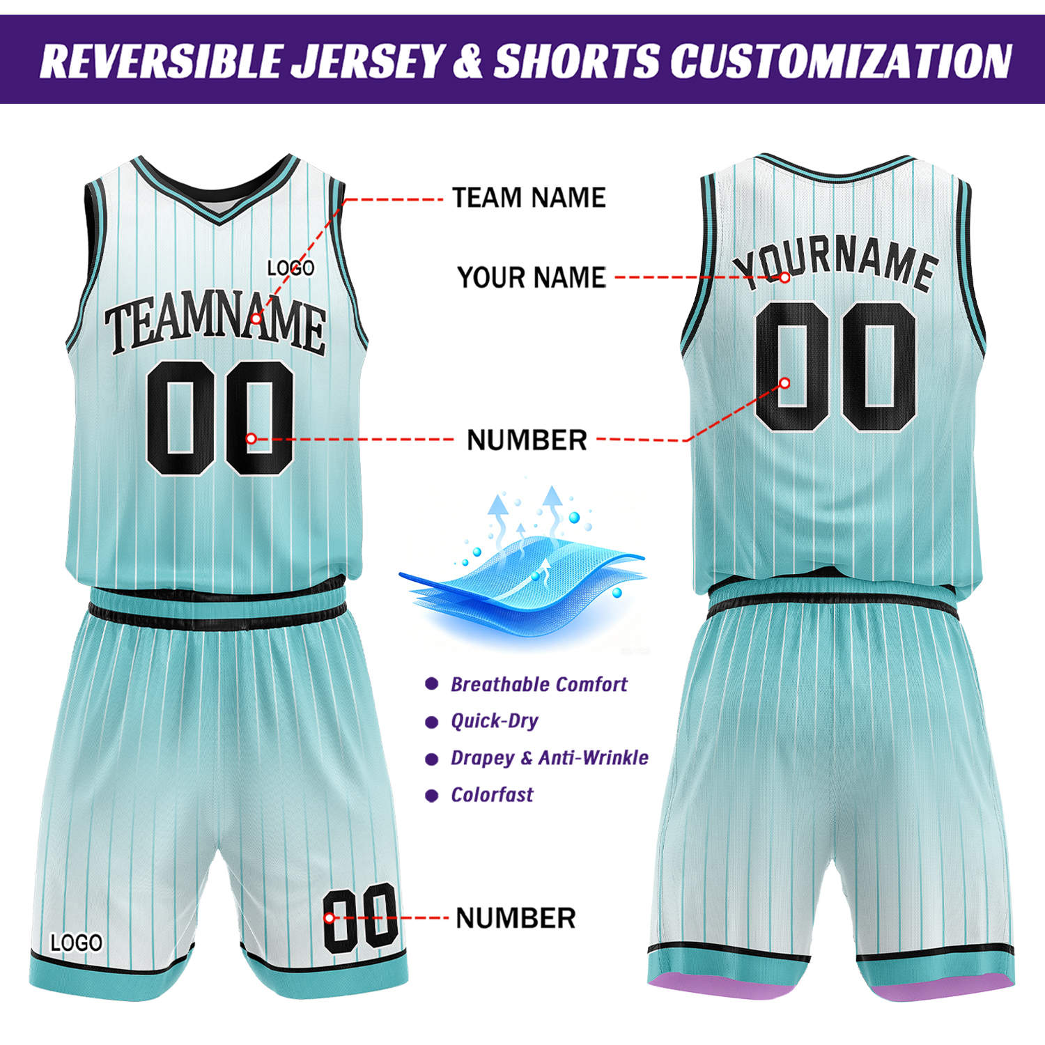 Custom Gradient Lavender & Mint Pinstripe Reversible Basketball Jersey Shorts Set | Personalized Team Uniform