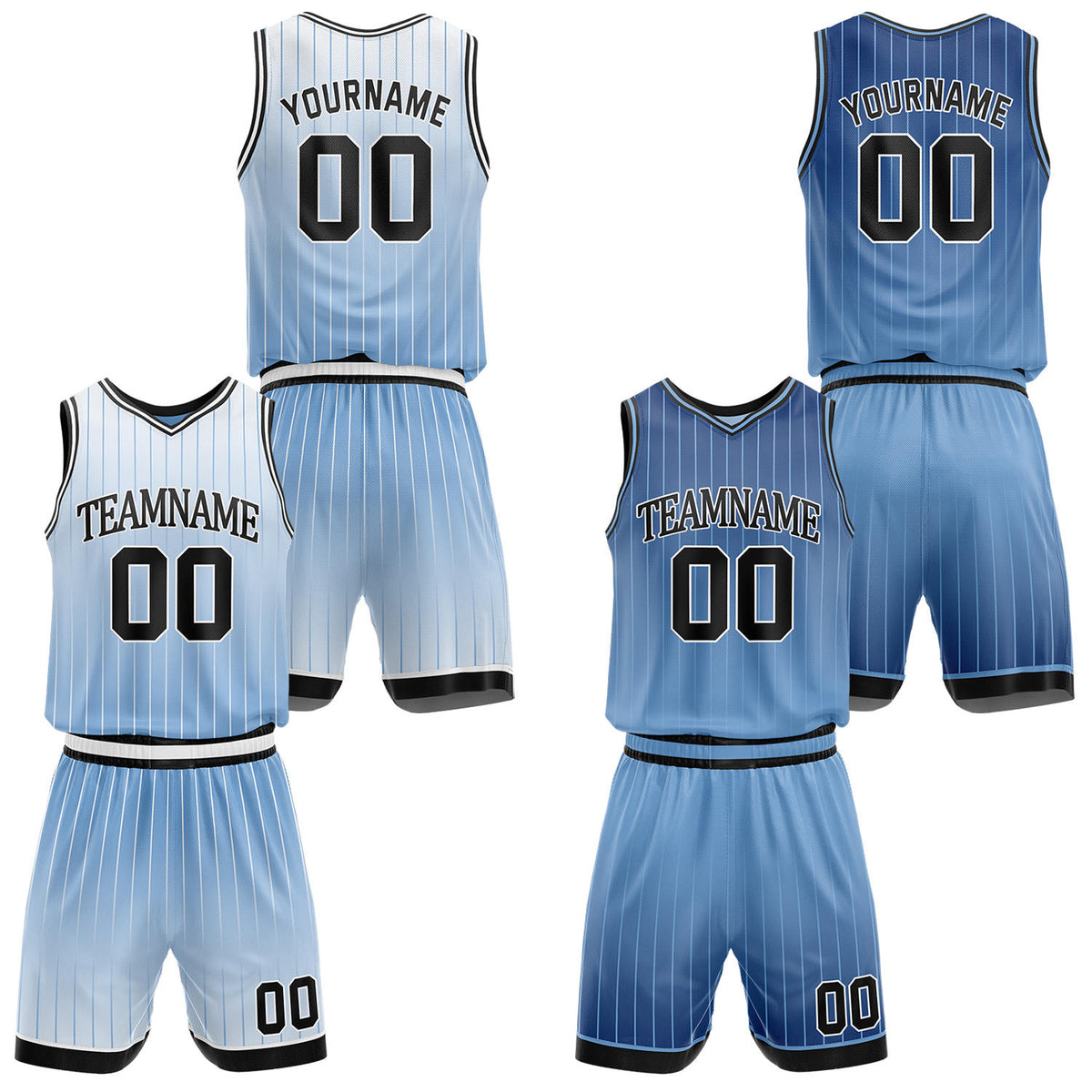 Custom gradient light blue & blue pinstripe reversible basketball jersey shorts set by Vosoli | Personalized team name number vintage uniform sportswear
