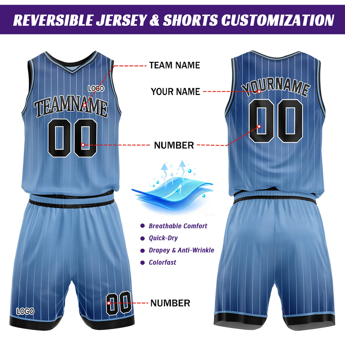 Custom Gradient Light Blue & Blue Pinstripe Reversible Basketball Jersey Shorts Set | Personalized Team Uniform