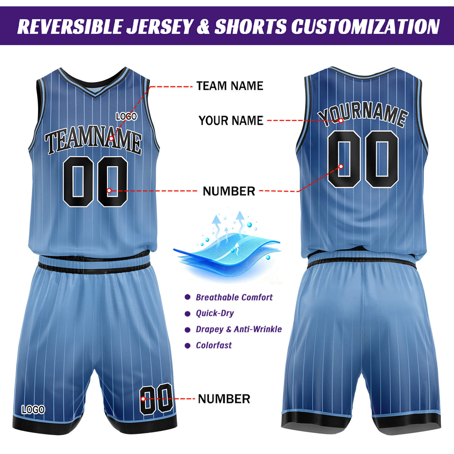 Custom Gradient Light Blue & Blue Pinstripe Reversible Basketball Jersey Shorts Set | Personalized Team Uniform