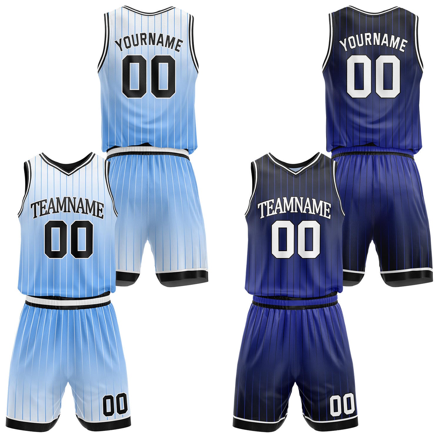 Custom gradient light blue & navy pinstripe reversible basketball jersey shorts set by Vosoli | Personalized team name number vintage uniform sportswear