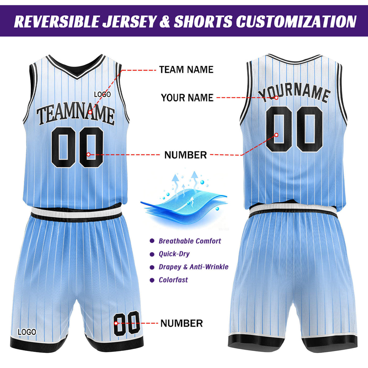 Custom Gradient Light Blue & Navy Pinstripe Reversible Basketball Jersey Shorts Set | Personalized Team Uniform