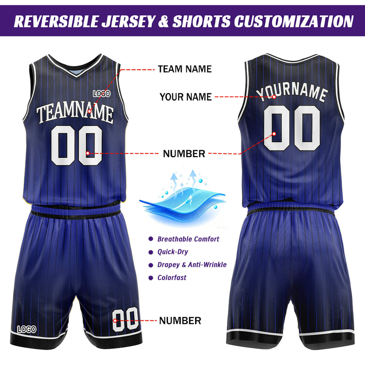 Custom Gradient Light Blue & Navy Pinstripe Reversible Basketball Jersey Shorts Set | Personalized Team Uniform