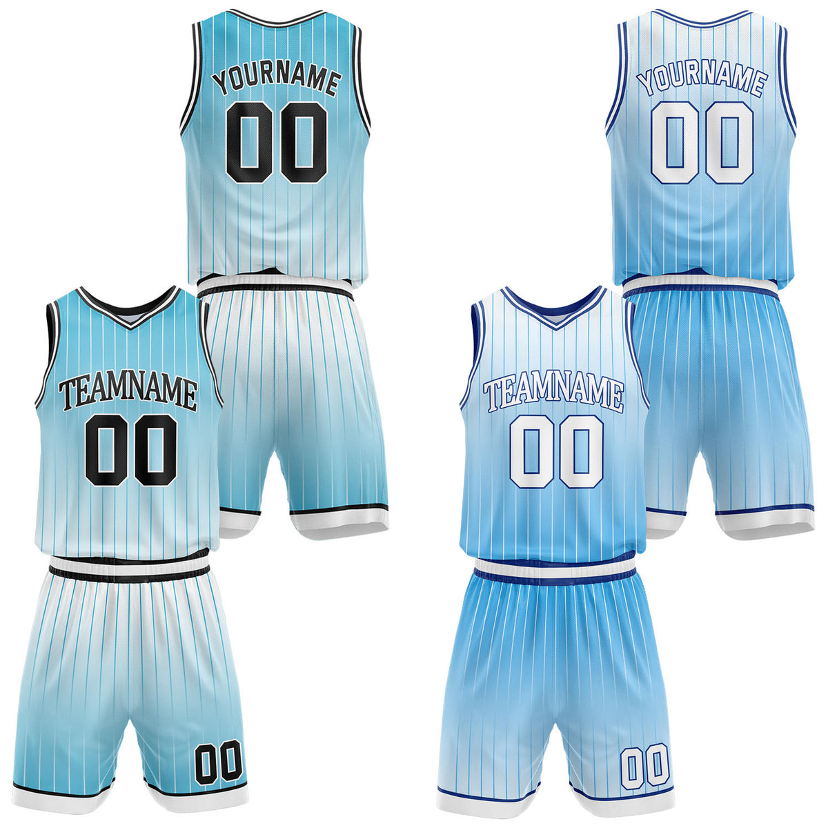Custom gradient light blue &amp; white pinstripe reversible basketball jersey shorts set by Vosoli | Personalized team name number vintage uniform sportswear