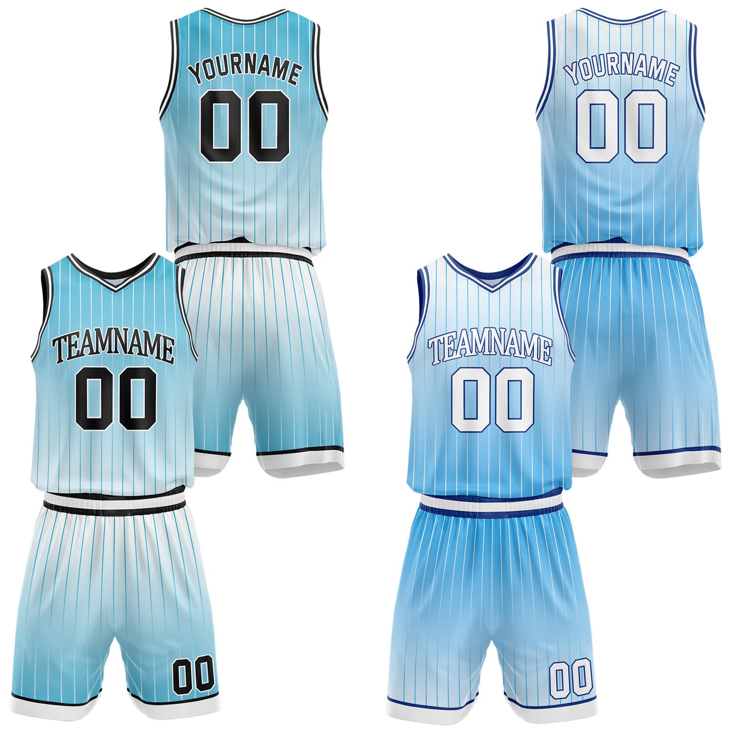 Custom gradient light blue & white pinstripe reversible basketball jersey shorts set by Vosoli | Personalized team name number vintage uniform sportswear