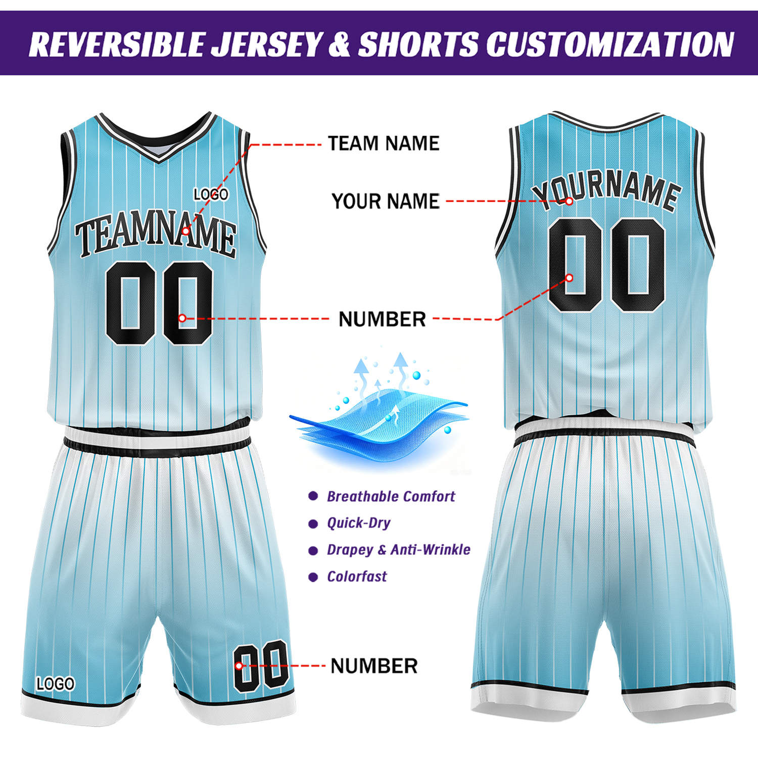 Custom Gradient Light Blue & White Pinstripe Reversible Basketball Jersey Shorts Set | Personalized Team Uniform